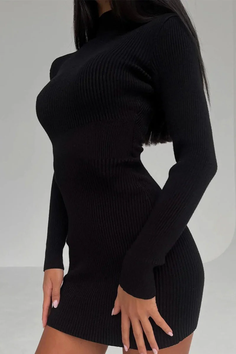 Semi-High Neck Slim Fitted Knit Sweater Dress - Image 7