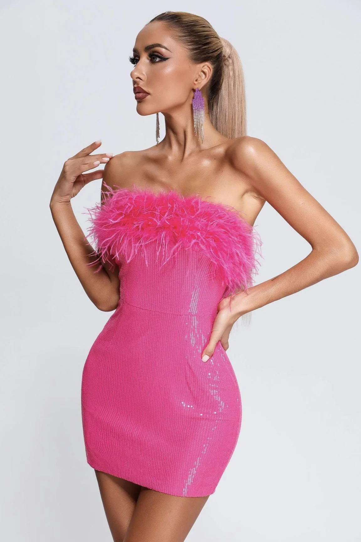 Sequin Faux Fur Off Shoulder Party Dress - Image 3