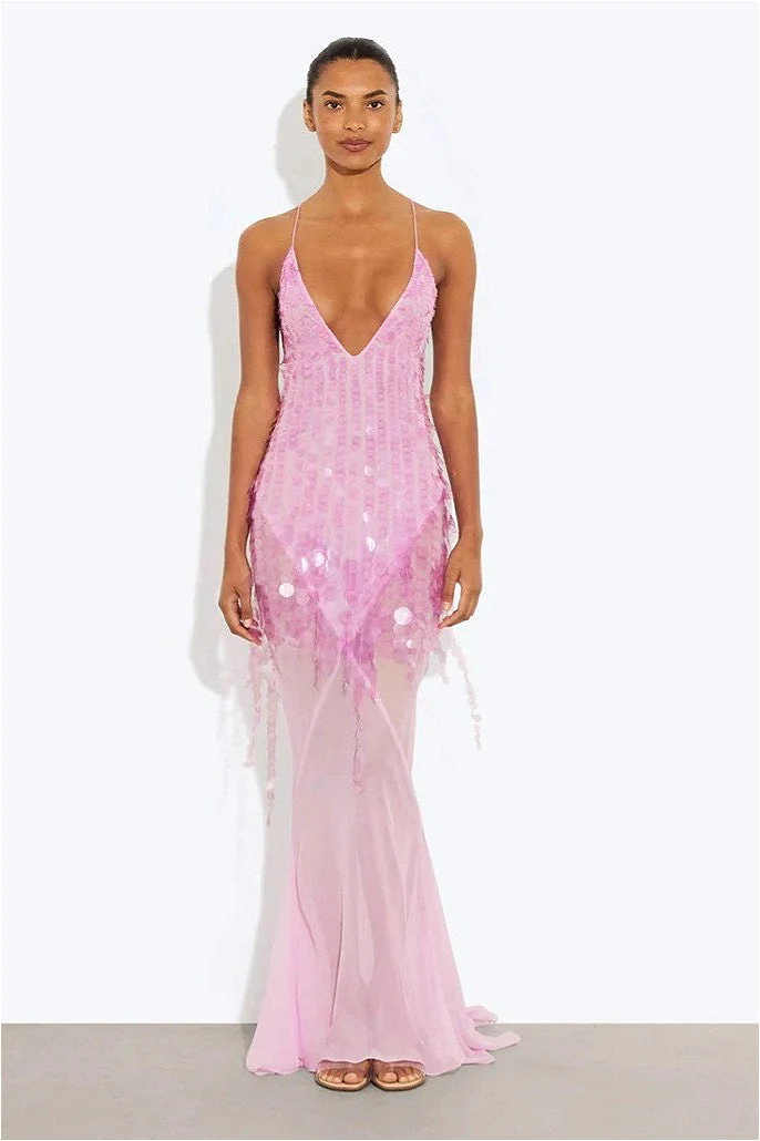 Sequin Mermaid V Neck Maxi Dress - Image 4