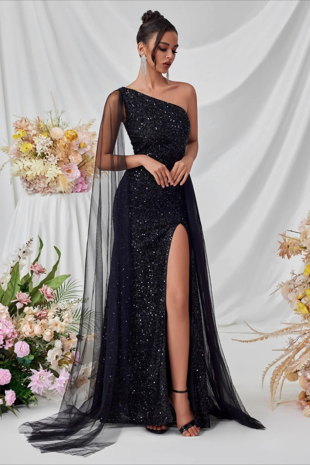 Sequin Mesh Panel Evening Party Dress - Image 2