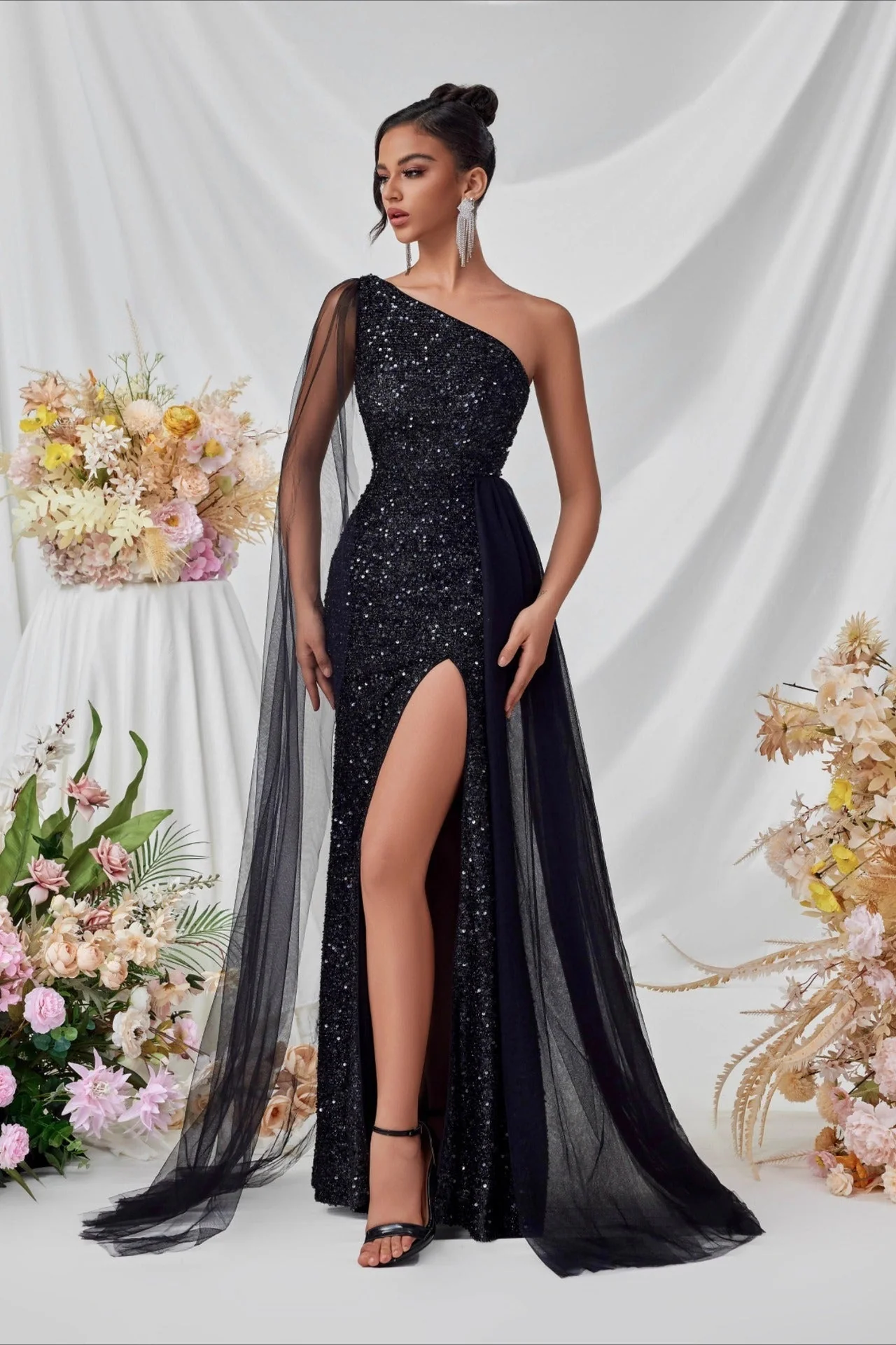 Sequin Mesh Panel Evening Party Dress - Image 3