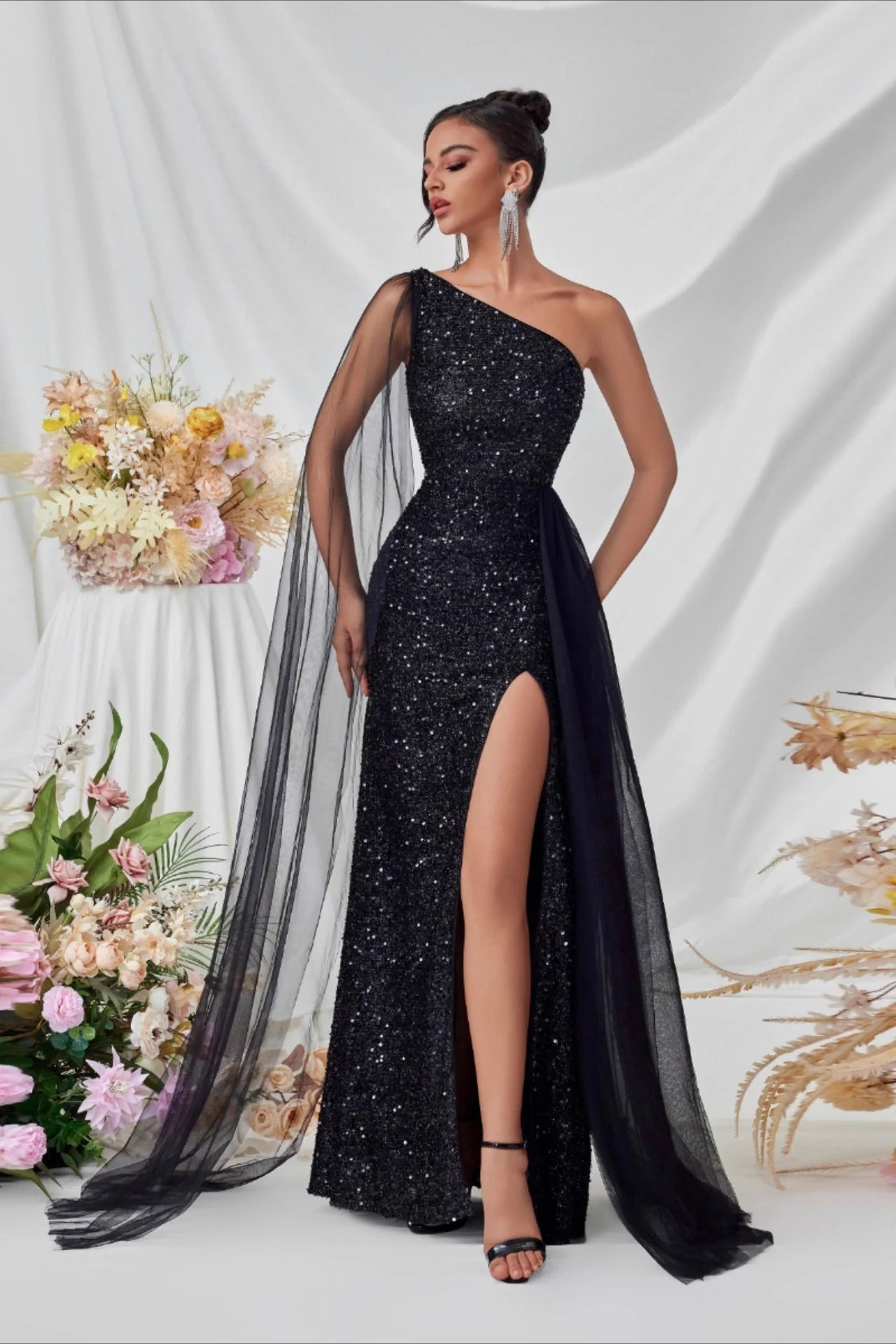 Sequin Mesh Panel Evening Party Dress - Image 4