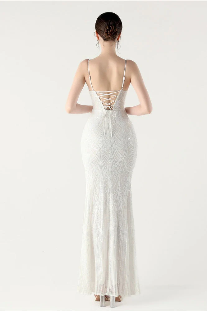 Sequin V Neck Cross Strap Mermaid Maxi Dress - Image 4