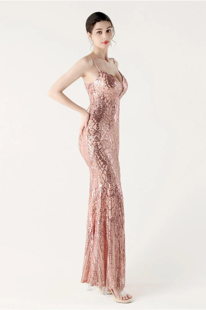 Sequin V Neck Cross Strap Mermaid Maxi Dress - Image 6