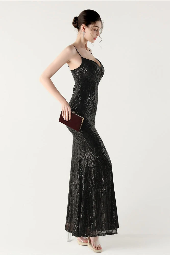 Sequin V Neck Cross Strap Mermaid Maxi Dress - Image 9