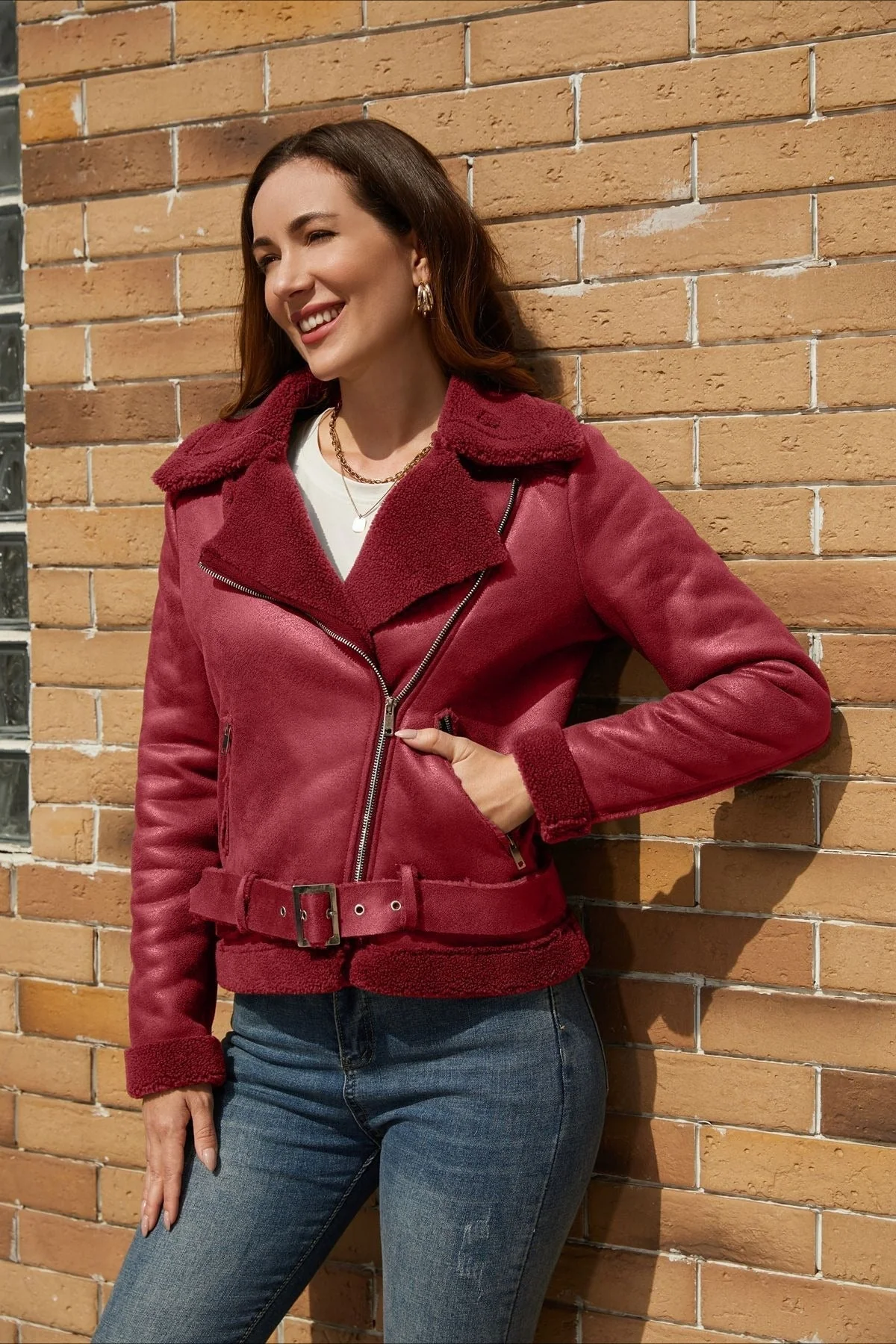 Shearling Lined Belted Suede Jacket - Image 4