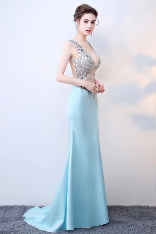 Sheer Blue Deep V Neck Maxi Party Dress - Image 2