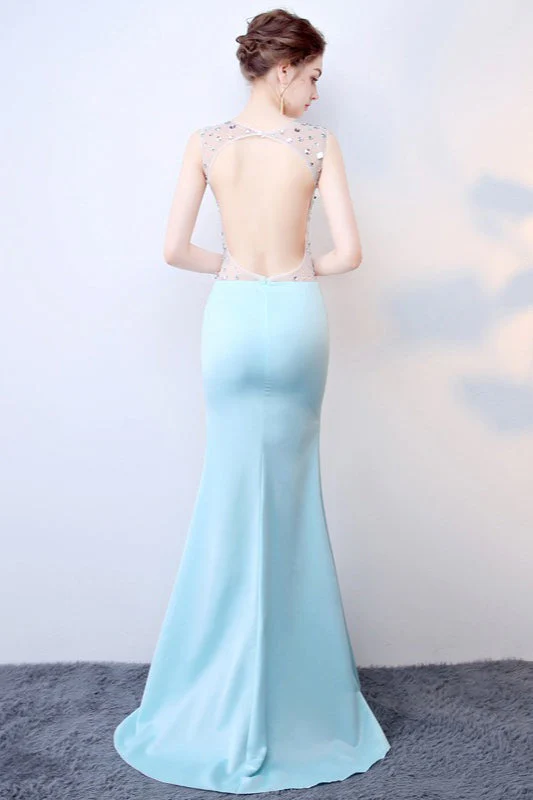 Sheer Blue Deep V Neck Maxi Party Dress - Image 3