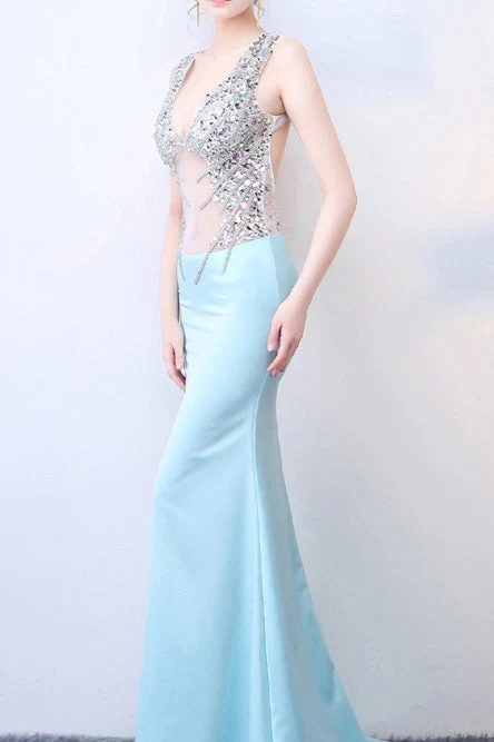 Sheer Blue Deep V Neck Maxi Party Dress - Image 4