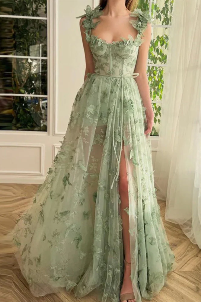Sheer Tulle Spaghetti Strap High Slit Party Dress