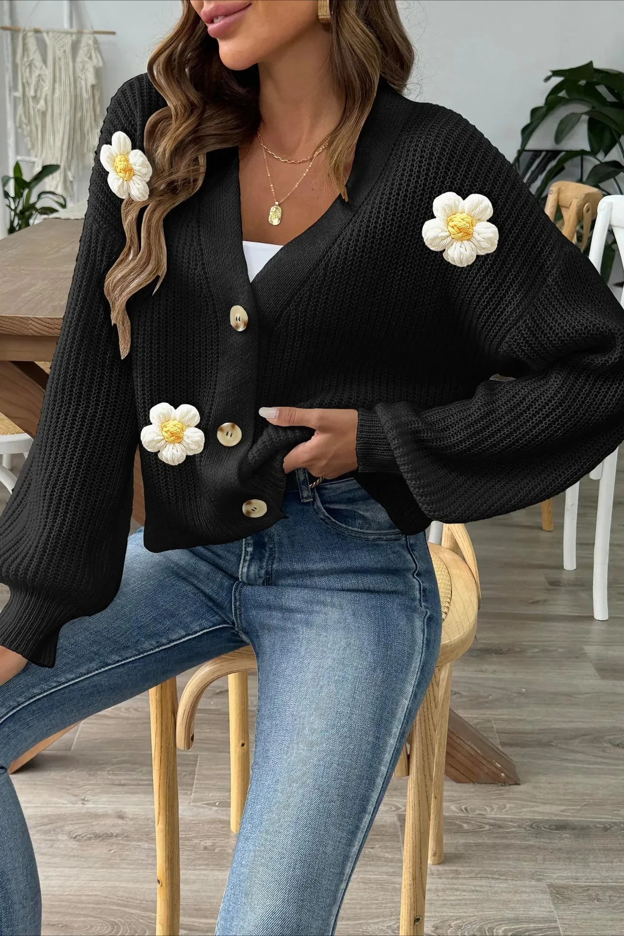 Short Floral Knit Long Sleeve Cardigan - Image 11