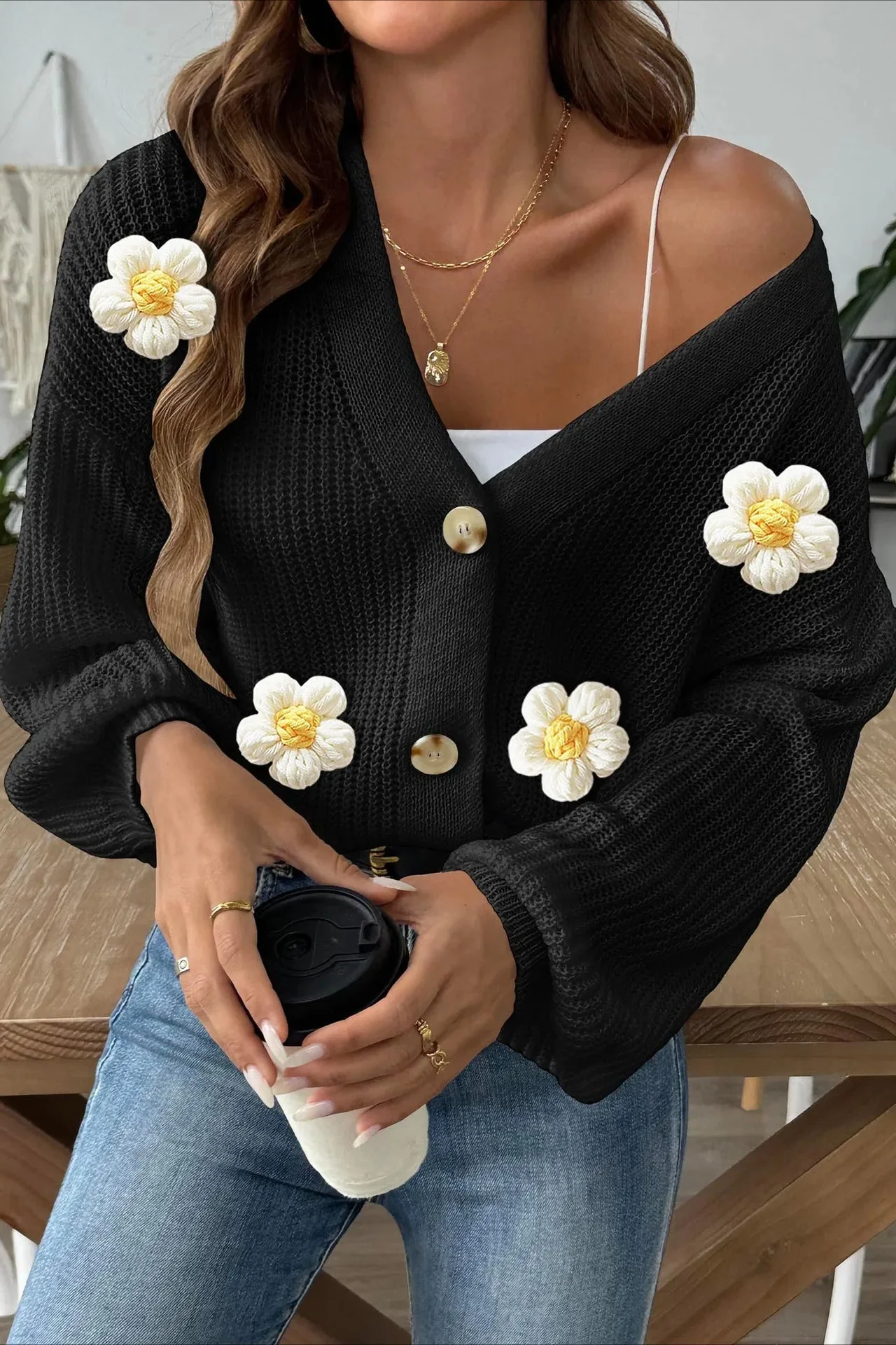 Short Floral Knit Long Sleeve Cardigan - Image 21