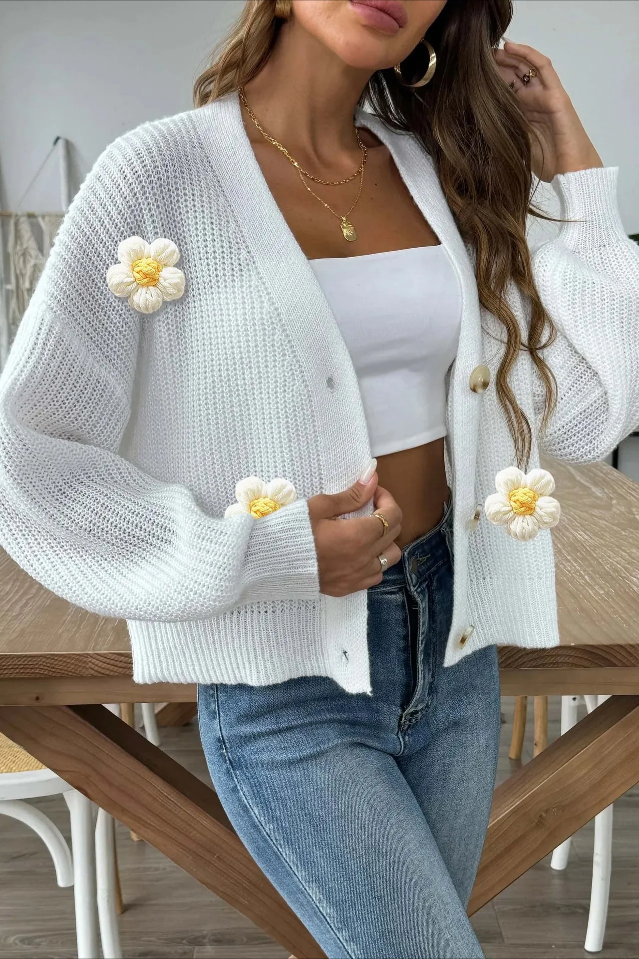 Short Floral Knit Long Sleeve Cardigan - Image 25