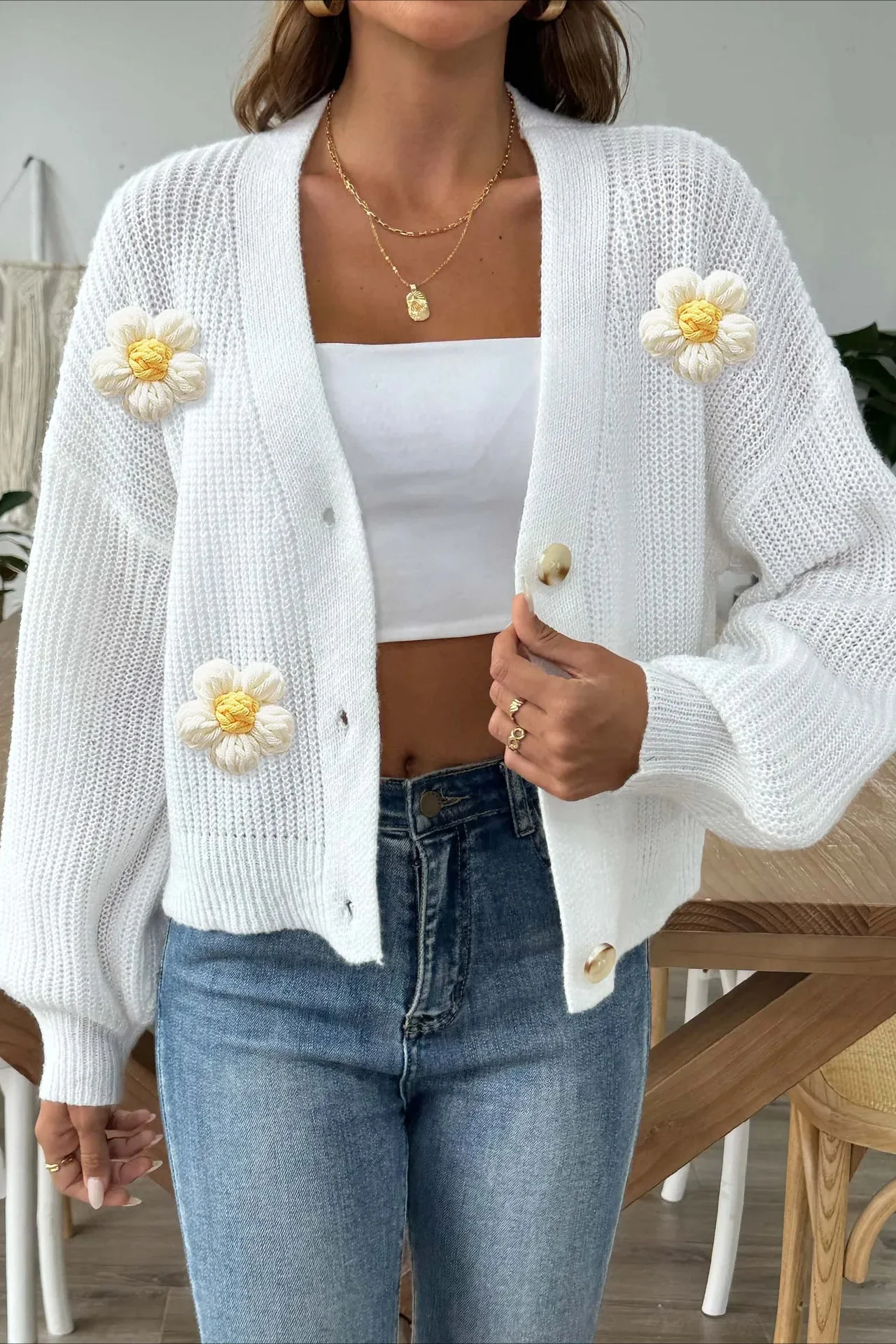 Short Floral Knit Long Sleeve Cardigan - Image 26