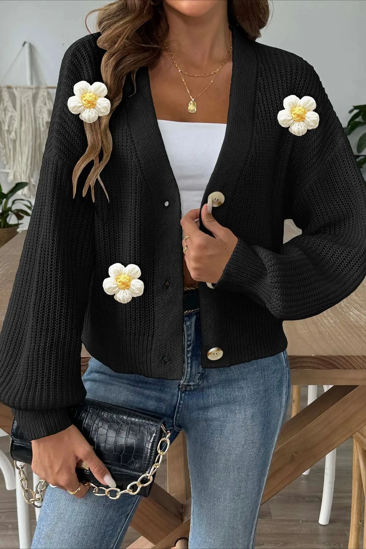 Short Floral Knit Long Sleeve Cardigan - Image 6