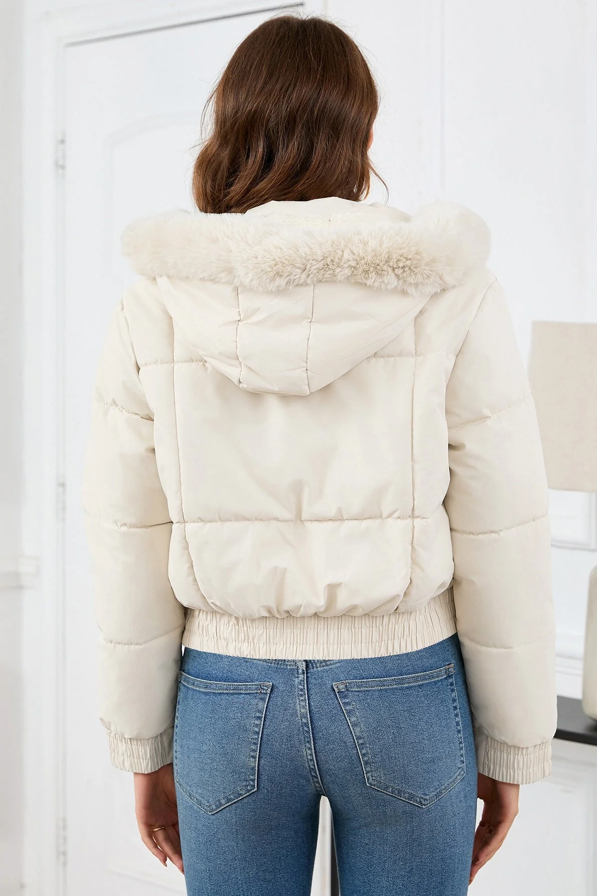 Short High Waist Faux Fur Hood Puffer Jacket - Image 4
