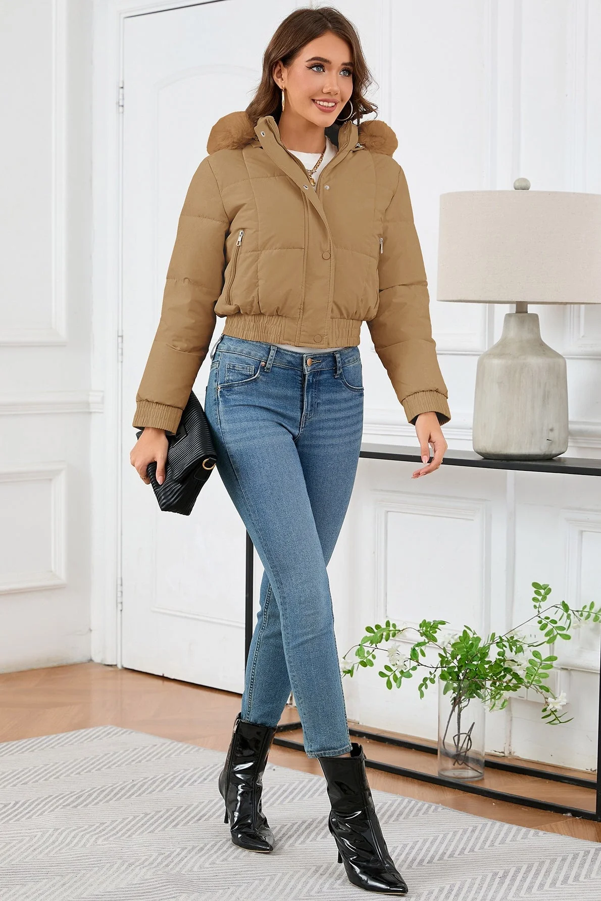 Short High Waist Faux Fur Hood Puffer Jacket - Image 5
