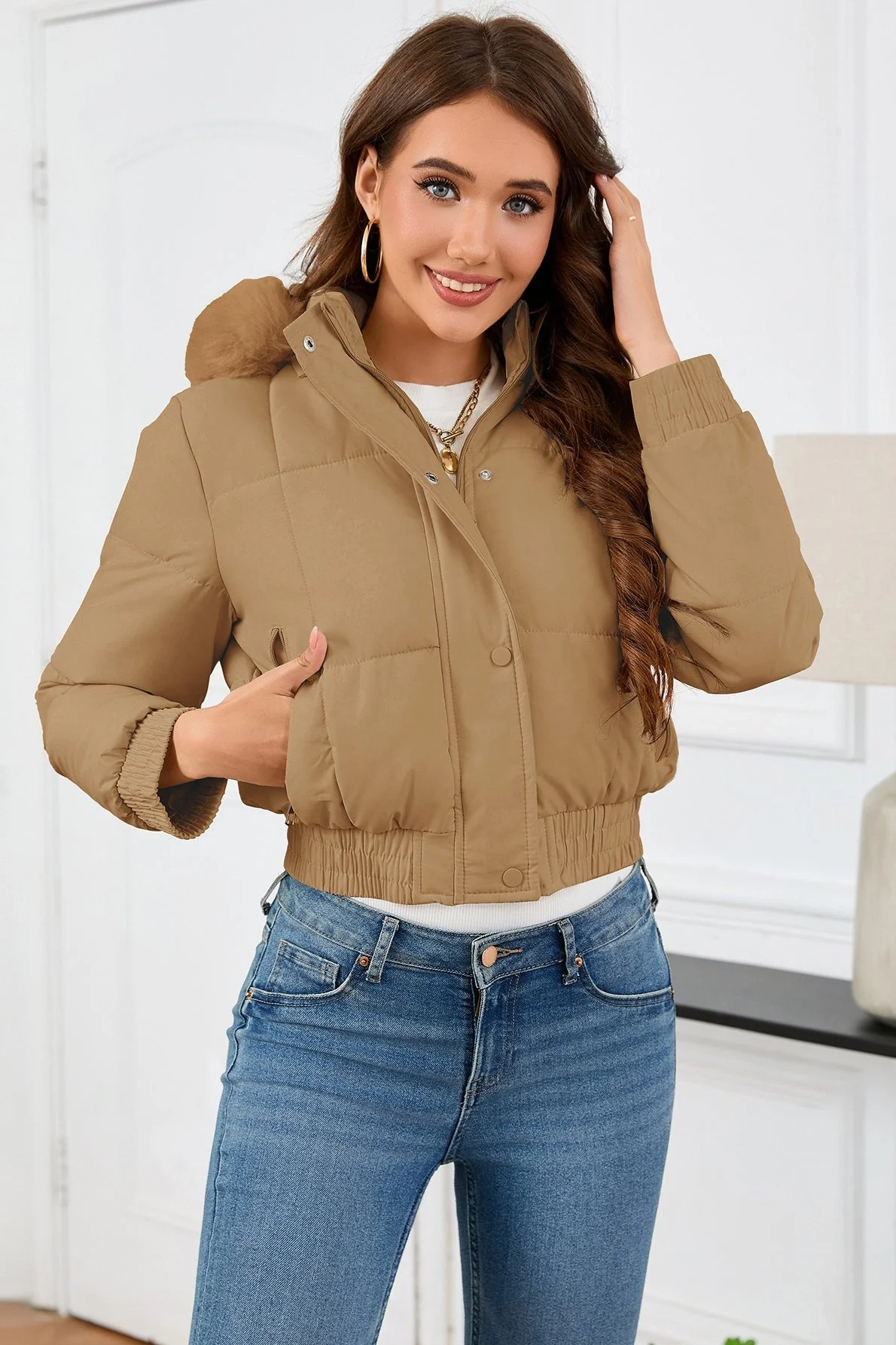 Short High Waist Faux Fur Hood Puffer Jacket - Image 6