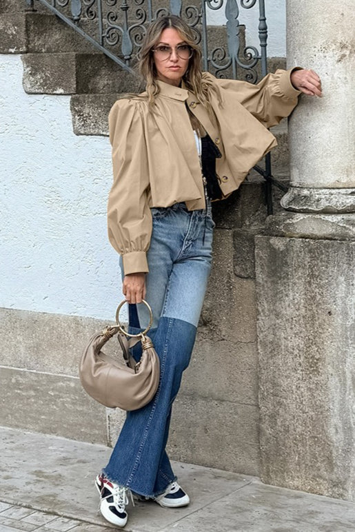 Short Khaki Puff Sleeve Trench Coat - Image 2