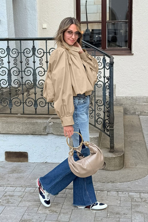 Short Khaki Puff Sleeve Trench Coat - Image 3