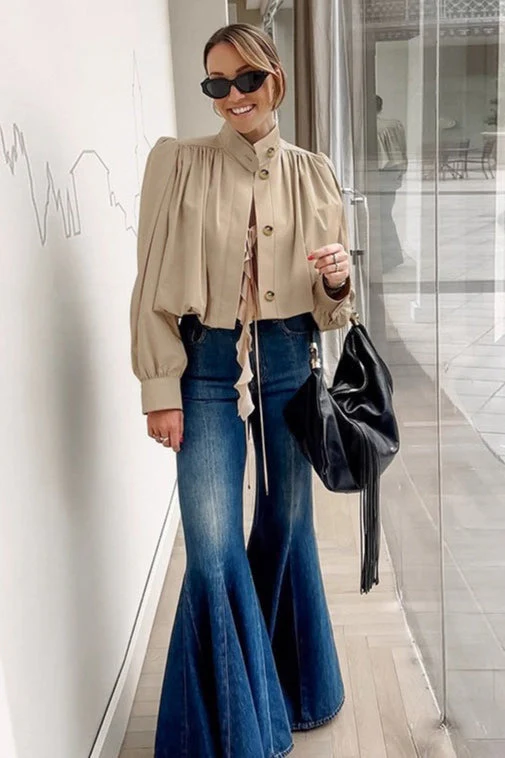 Short Khaki Puff Sleeve Trench Coat - Image 4