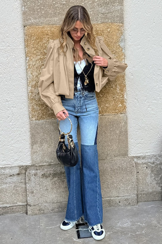 Short Khaki Puff Sleeve Trench Coat - Image 5