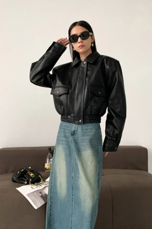 Short PU Leather Notch Lapel Jacket - Image 10