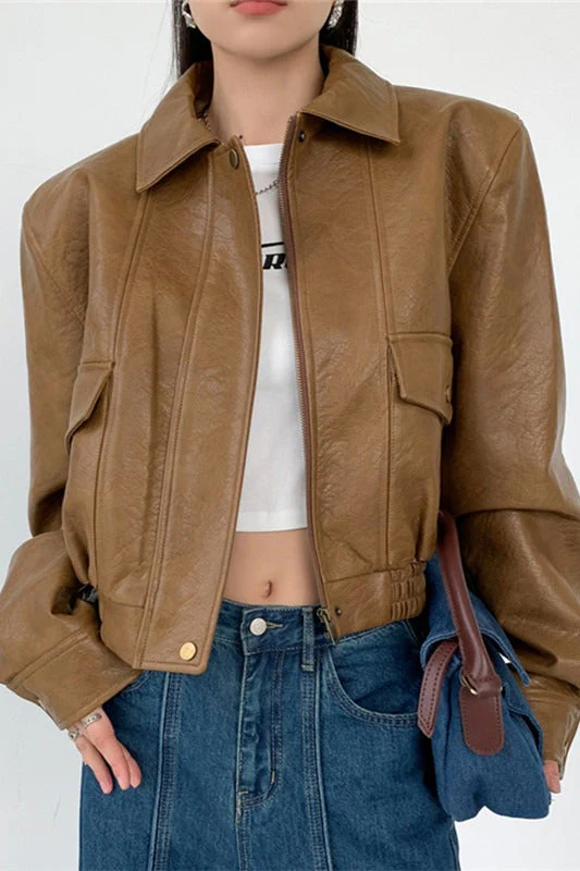 Short PU Leather Notch Lapel Jacket - Image 2