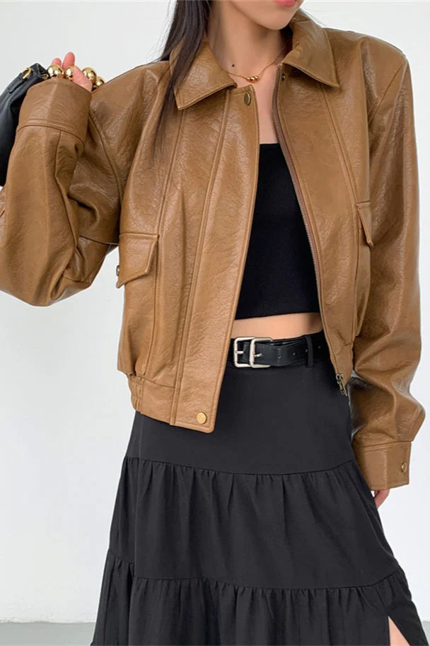 Short PU Leather Notch Lapel Jacket - Image 3