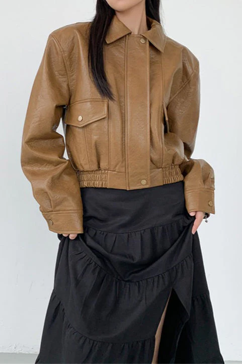 Short PU Leather Notch Lapel Jacket - Image 4