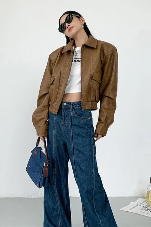 Short PU Leather Notch Lapel Jacket - Image 5