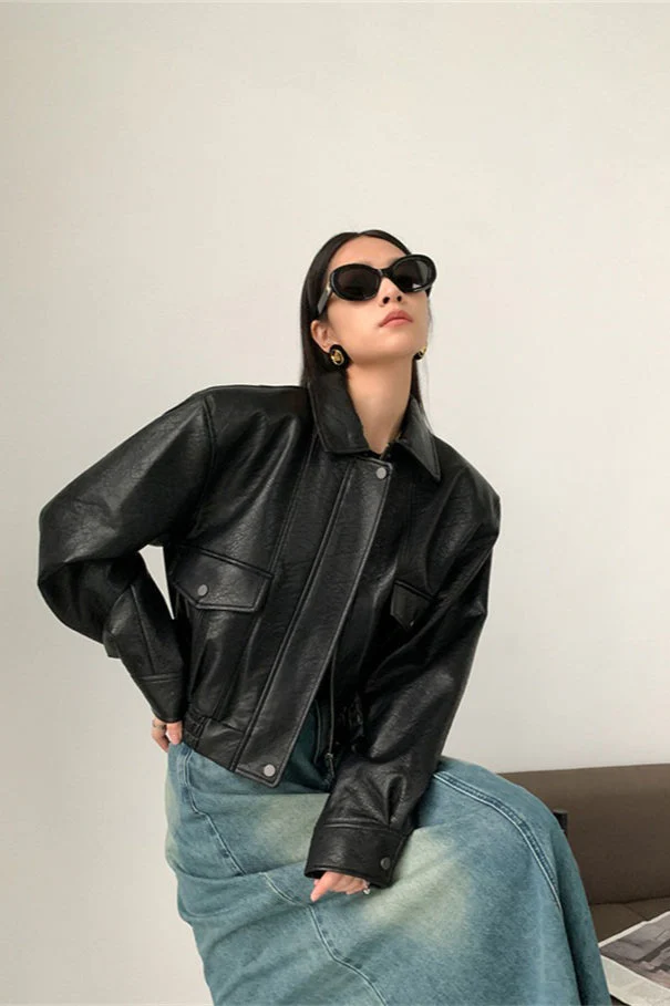Short PU Leather Notch Lapel Jacket - Image 7