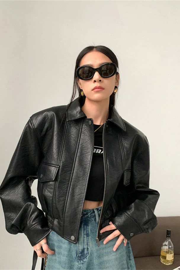 Short PU Leather Notch Lapel Jacket - Image 8