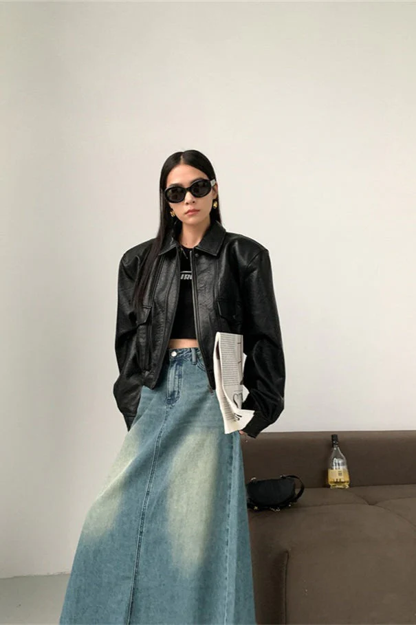 Short PU Leather Notch Lapel Jacket - Image 9