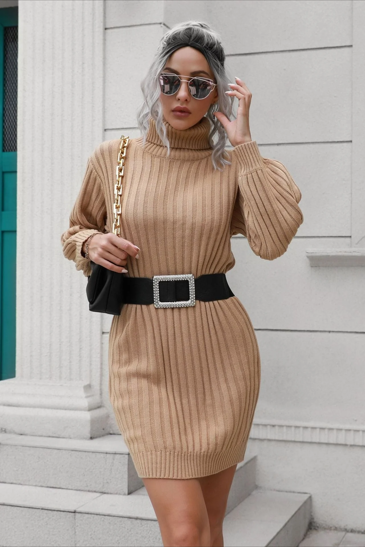 Short Ribbed Turtleneck Sweater Dress - Image 2