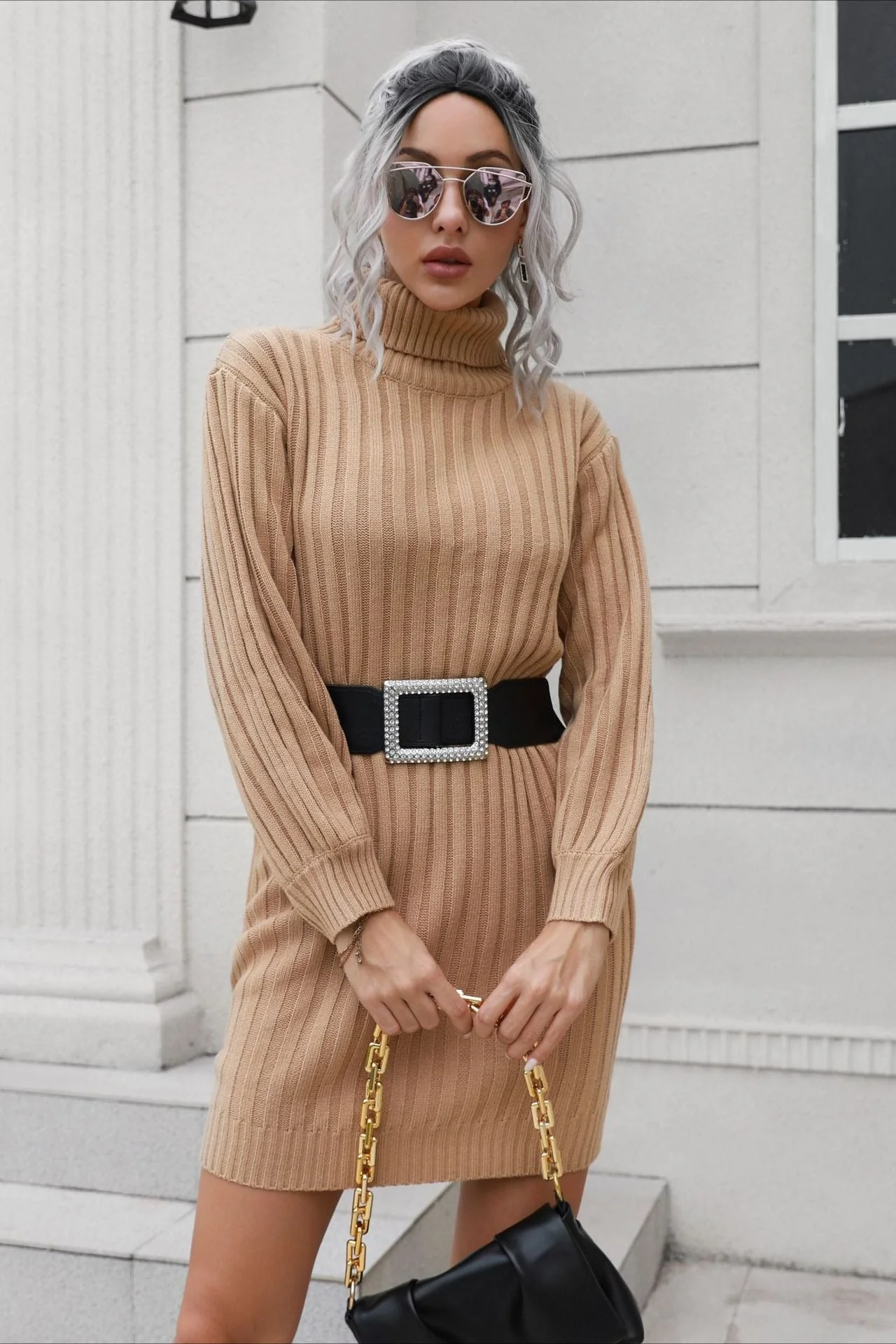 Short Ribbed Turtleneck Sweater Dress - Image 3