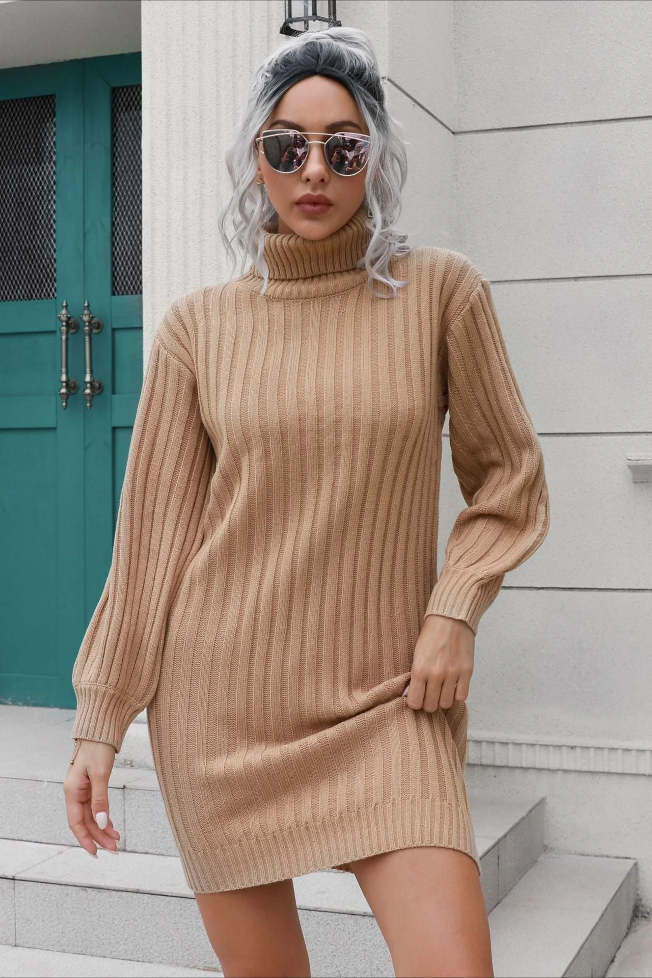 Short Ribbed Turtleneck Sweater Dress - Image 5