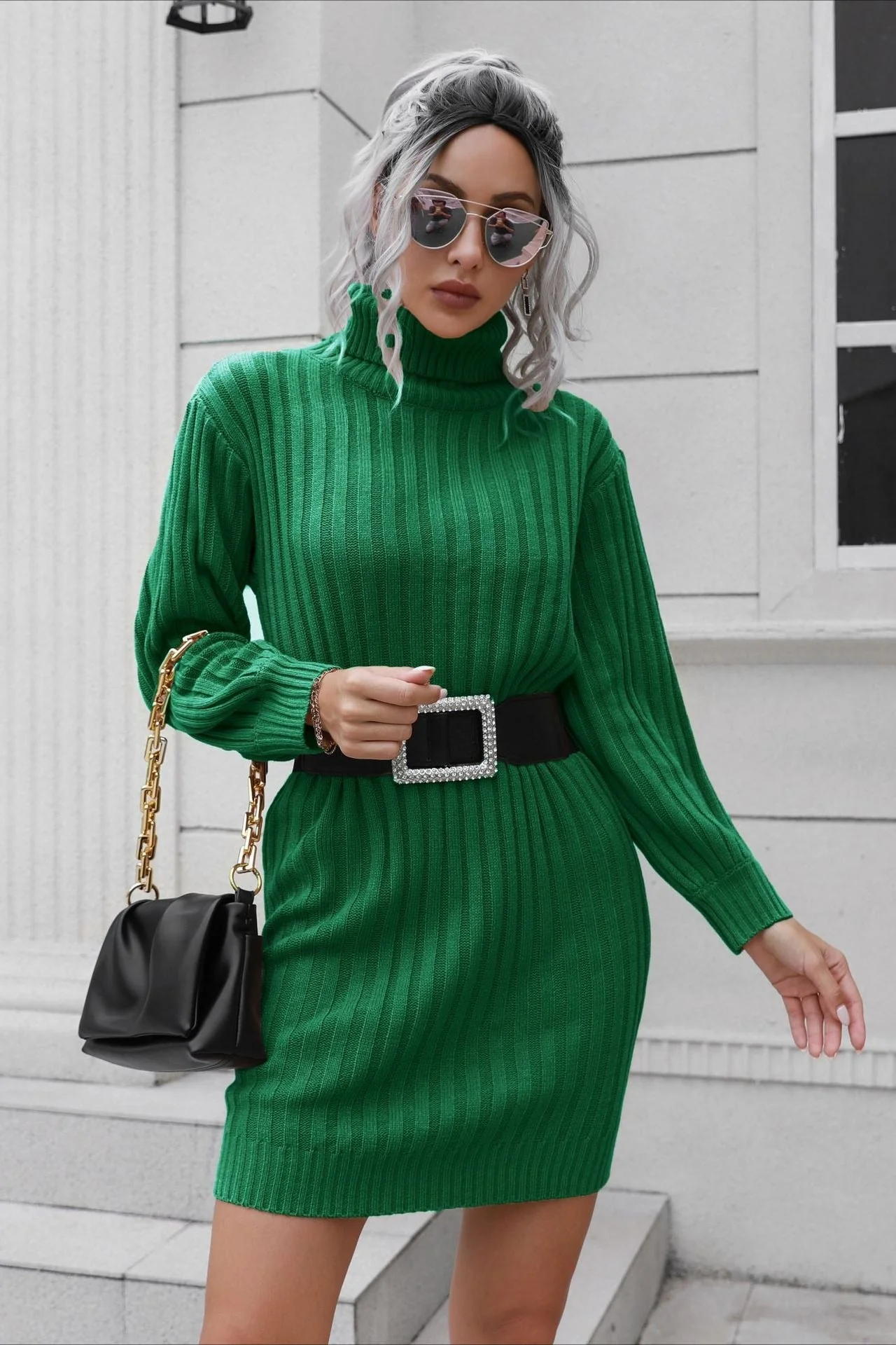 Short Ribbed Turtleneck Sweater Dress - Image 8