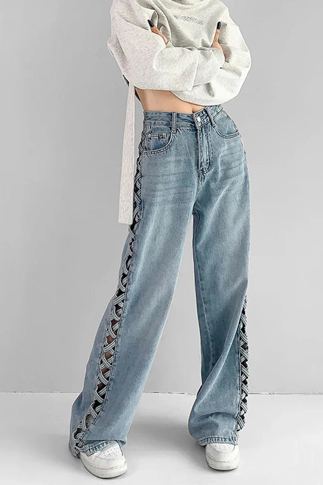 Side Braided Cutout Wide Leg Jeans - Image 2