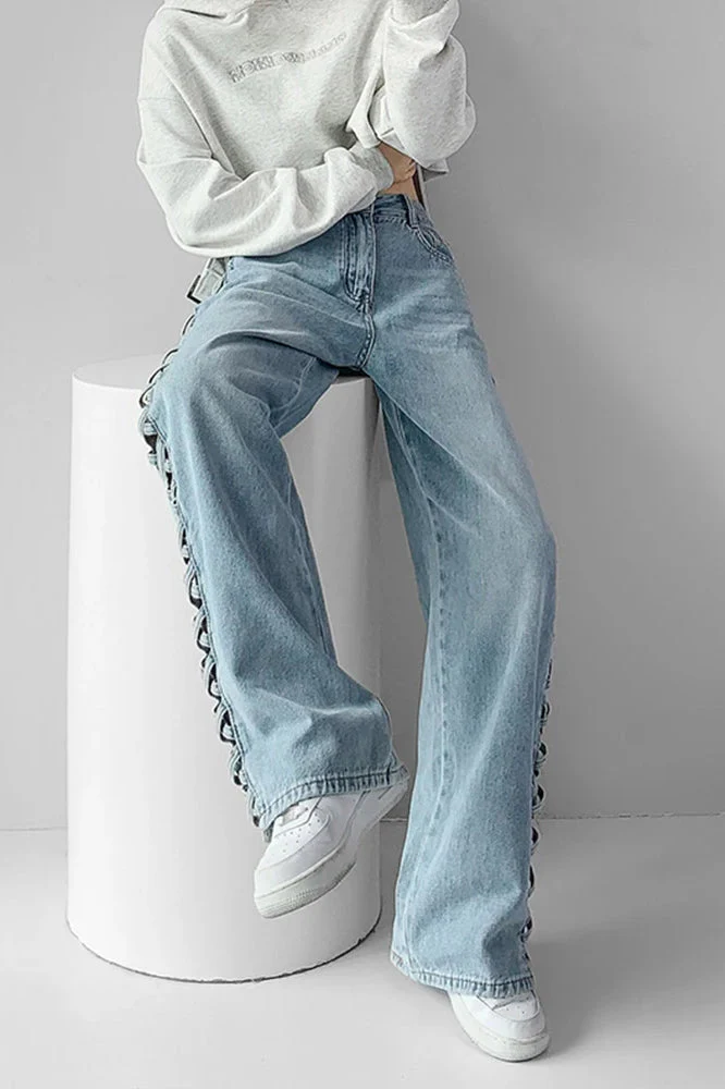 Side Braided Cutout Wide Leg Jeans - Image 3