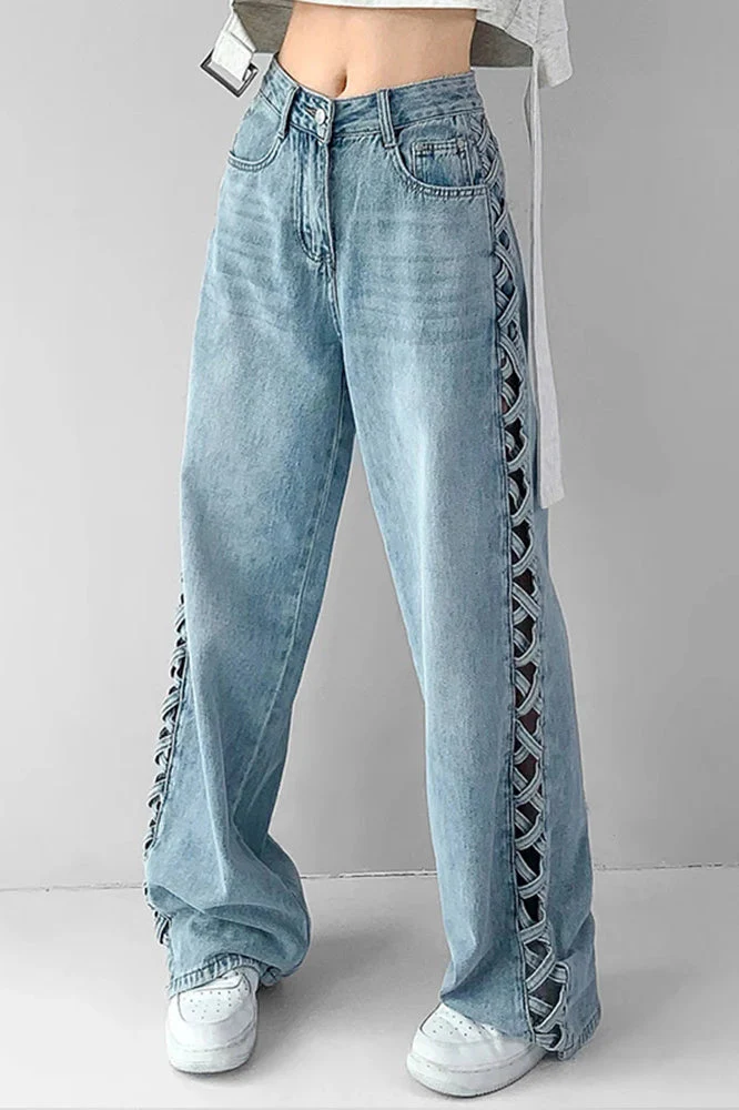 Side Braided Cutout Wide Leg Jeans - Image 4
