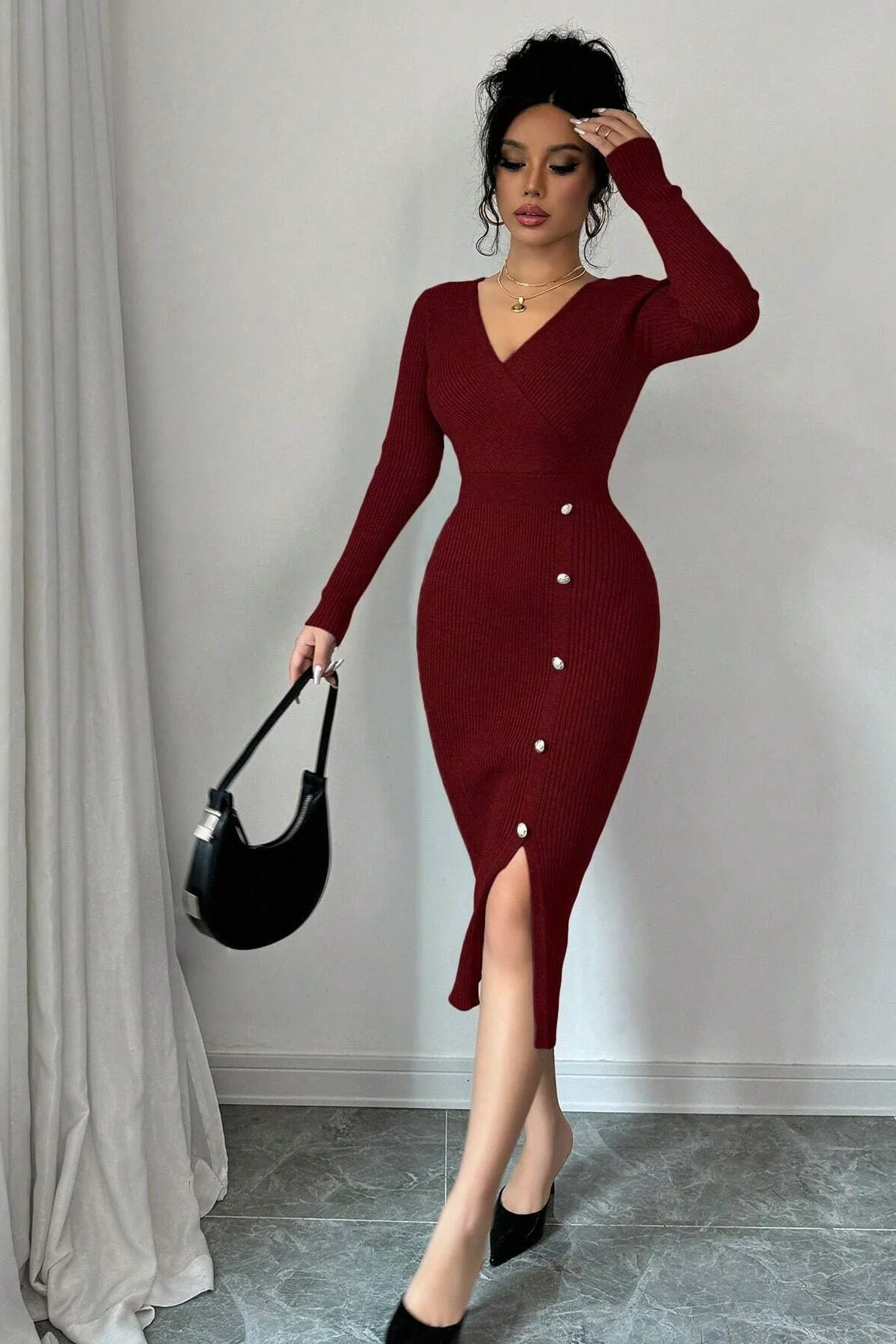 Slim Fit Midi Knit Sweater Dress - Image 7