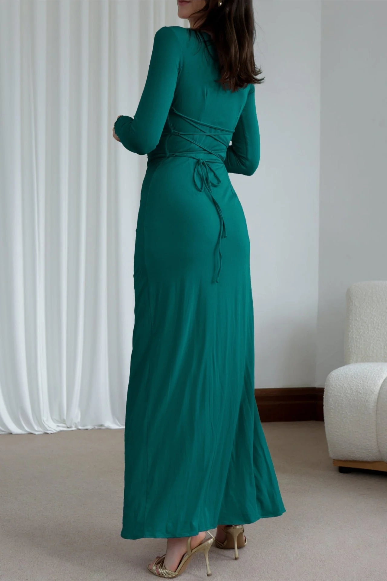 Slim Fit Pleated Long Sleeve Maxi Dress - Image 10