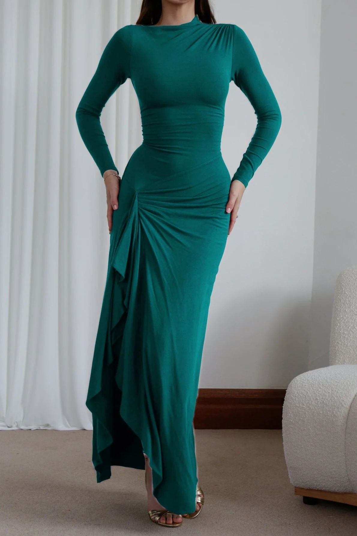 Slim Fit Pleated Long Sleeve Maxi Dress - Image 11