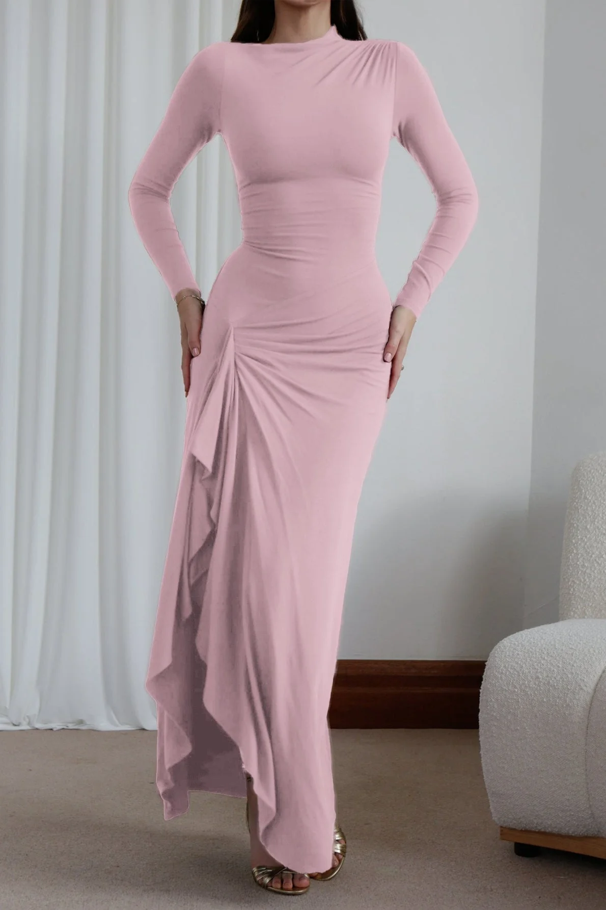 Slim Fit Pleated Long Sleeve Maxi Dress - Image 2