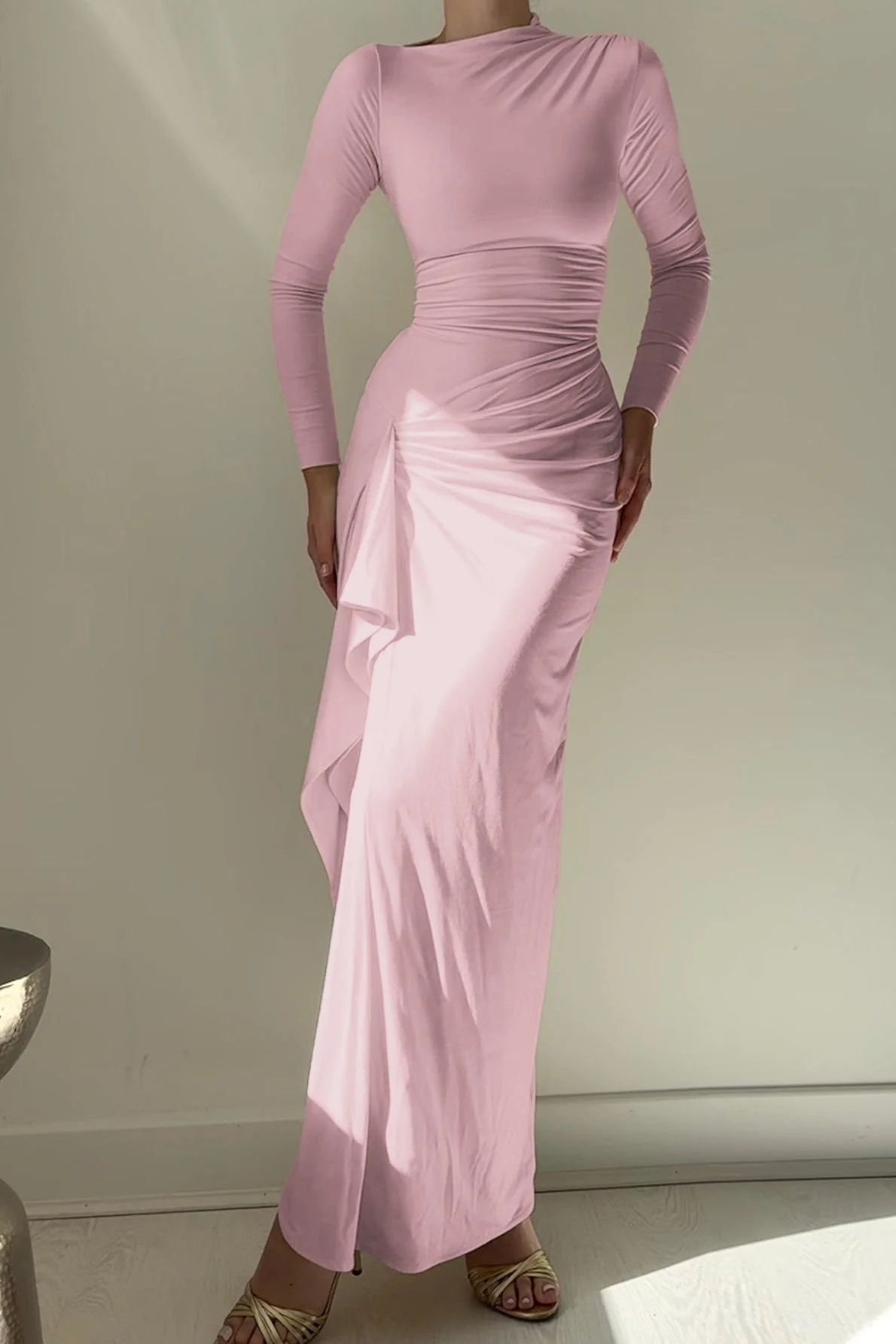 Slim Fit Pleated Long Sleeve Maxi Dress - Image 3