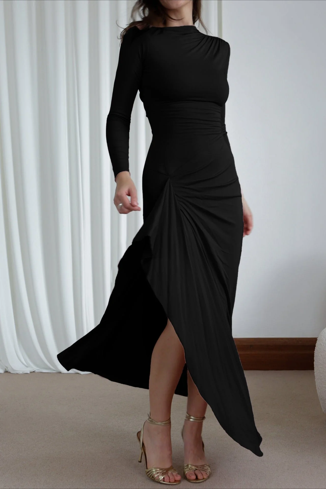 Slim Fit Pleated Long Sleeve Maxi Dress - Image 5