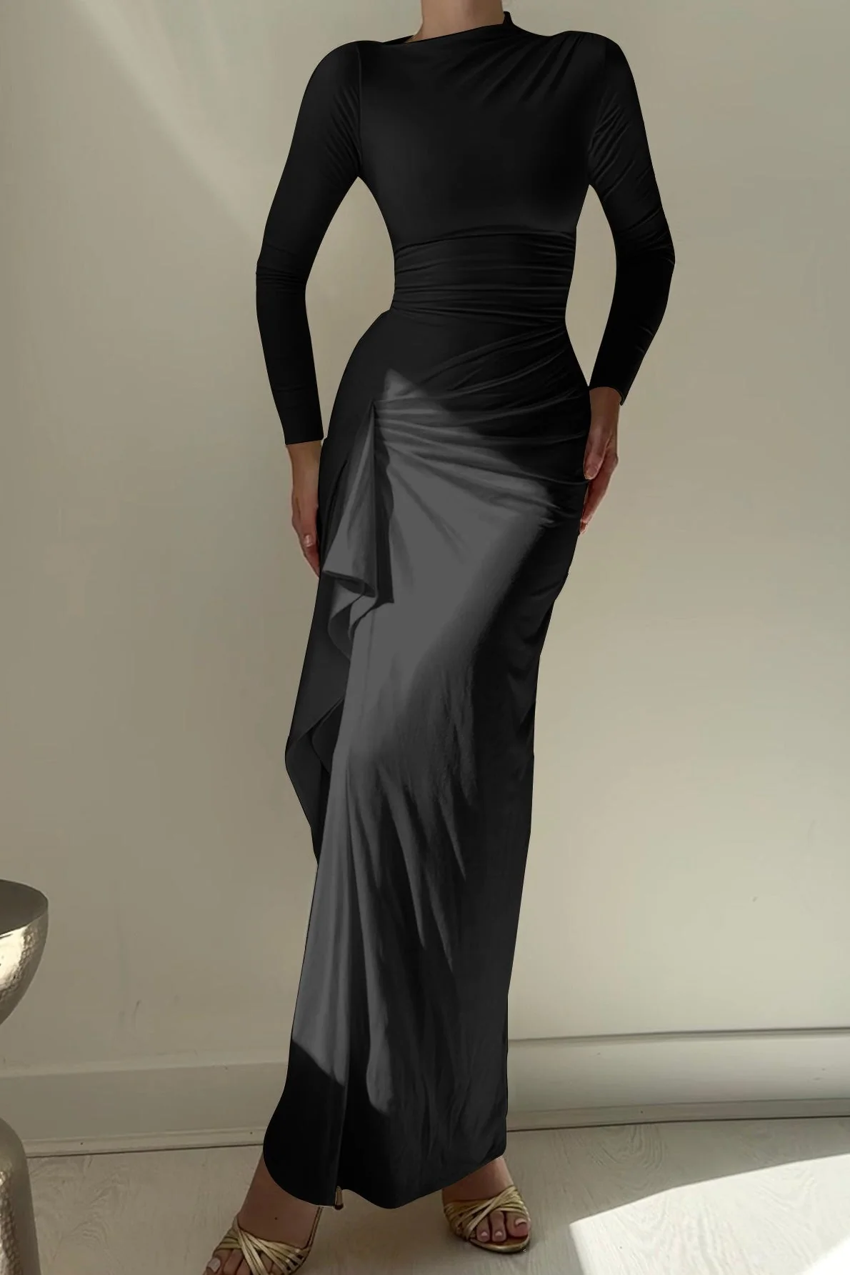 Slim Fit Pleated Long Sleeve Maxi Dress - Image 7
