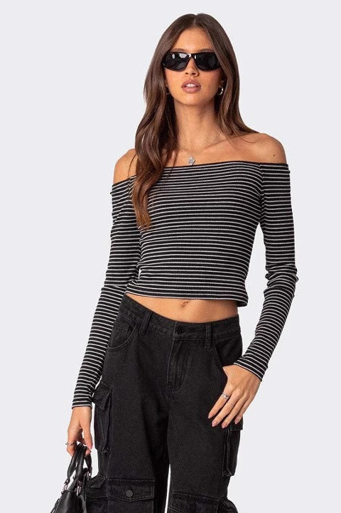 Slim Fit Striped Slit Neck Knit Top - Image 2