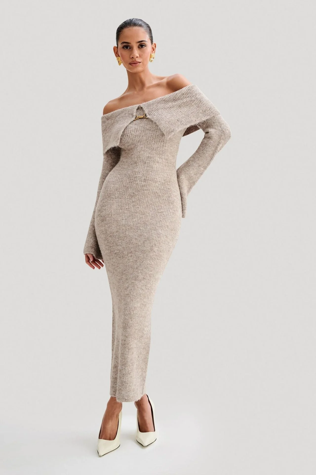 Slim Fitted Off-Shoulder Long Sleeve Sweater Dress - Image 2
